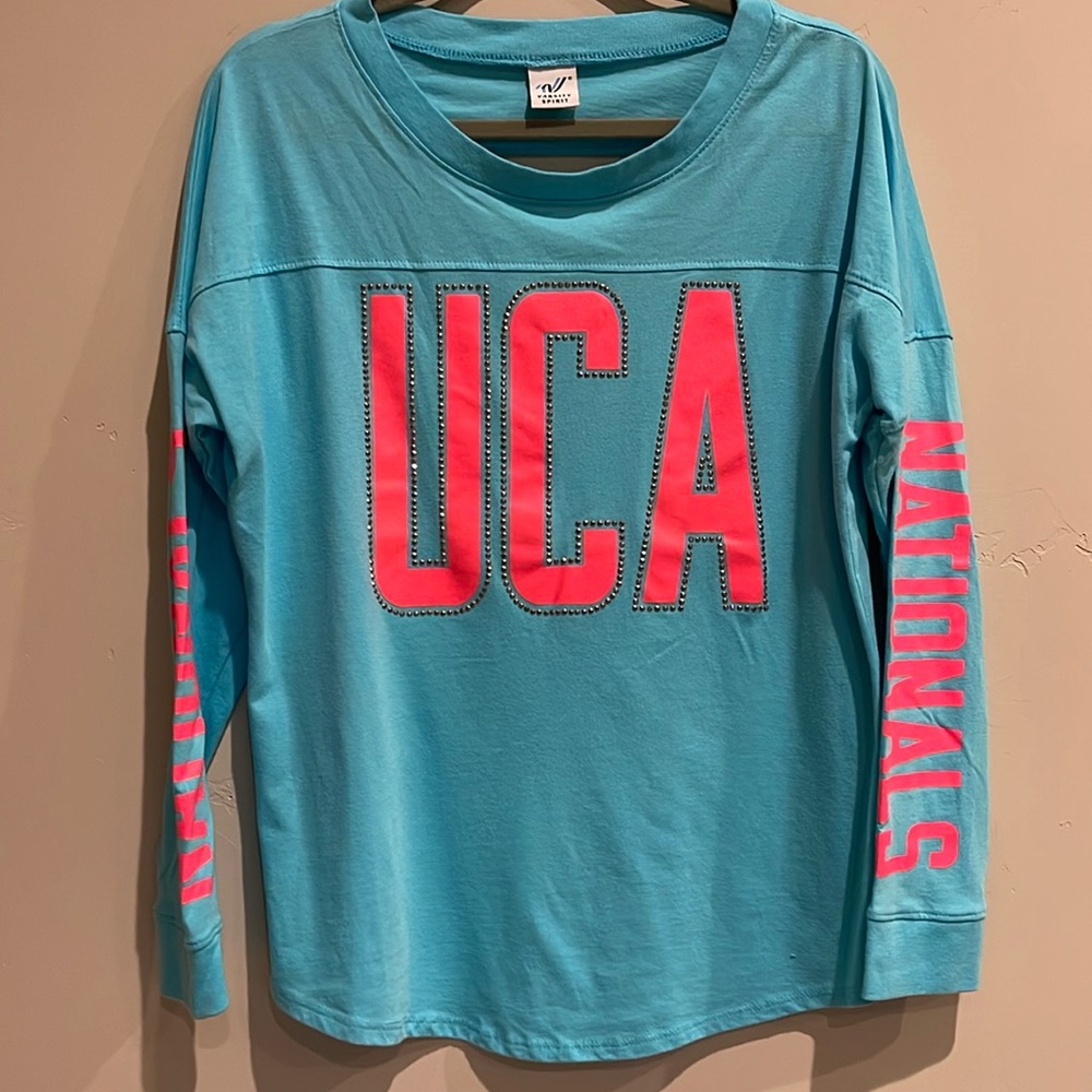 Varsity UCA Cheer Blue and Neon bling long sleeve T s S